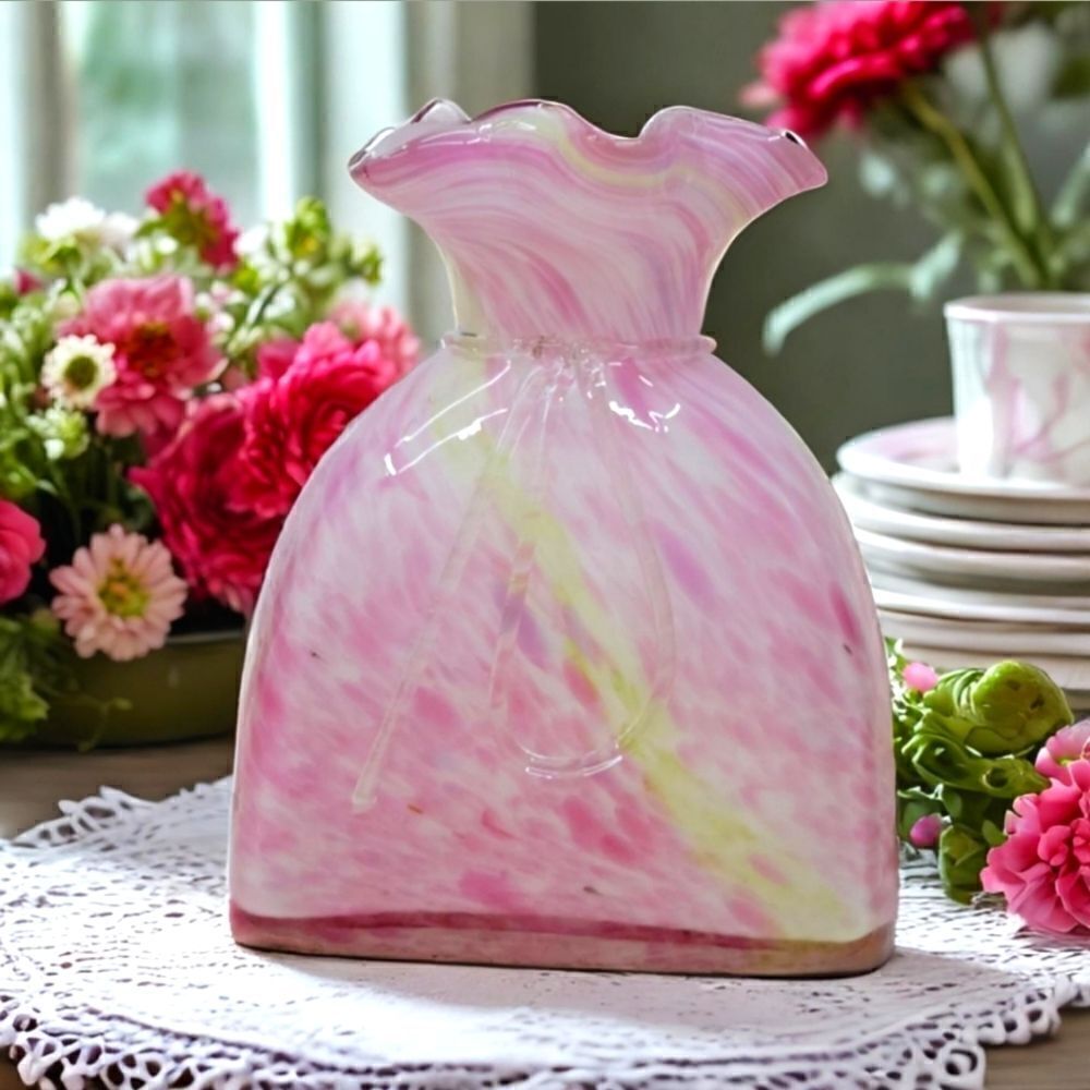 Vintage Murano Style Pink Cased Art Glass Tied Gift Bag Swirl Vase
